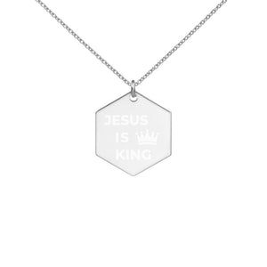 JESUS IS KING Engraved Silver Hexagon Necklace