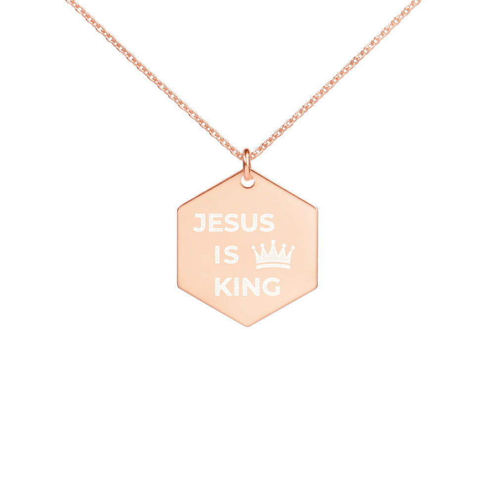 JESUS IS KING Engraved Silver Hexagon Necklace